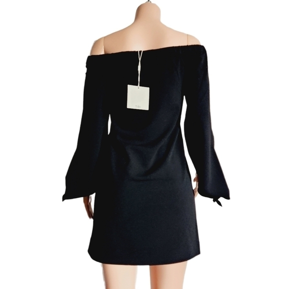 Tibi Off Shoulder Tie Sleeve Crepe Shift Dress Black Loose Fit Size: 0 - Picture 12 of 14